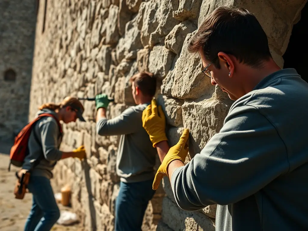 A vibrant image of community members restoring a historic building in Torsac, with volunteers working together amidst scenic surroundings.