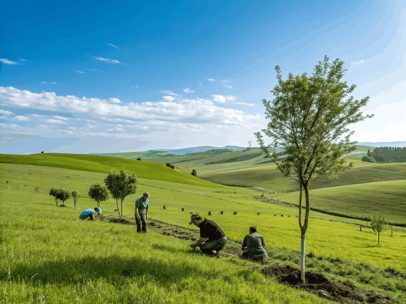 An inspiring image of volunteers planting trees in a lush Torsac forest, with clear skies and scenic views.